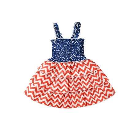 Toddlers Baby Girls Independence Day Slip Dress Infants Sleeveless Stars Wave Printed Pleated Summer A-line Skirt