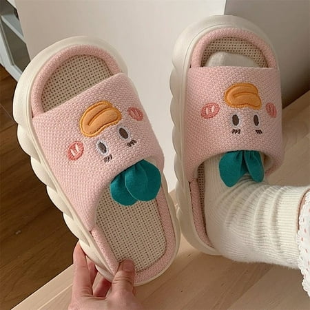 PIKADINGNIS 2022 Cute Cartoon Bunny Cotton Linen Slippers Women Summer Breathable Platform Slides Floor Mute Slippers Kawaii Flip Flops
