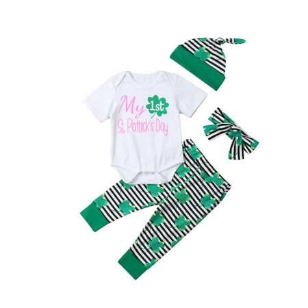 wybzd Newborn Baby Outfits Short Sleeve Letter Print Romper + Striped Clover Print Pants + Hat + Headband 
wybzd Newborn Baby Outfits Short Sleeve Letter Print Romper + Striped Clover Print Pants + Hat + Headband