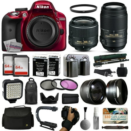 Nikon D3300 Red DSLR Digital Camera + 18-55mm VR II + 55-300mm VR Lens + 128GB Memory + 2 Batteries + Charger + LED Video Light + Backpack + Case + Filters + Auxiliary Lenses + $50 Gift Card + More!