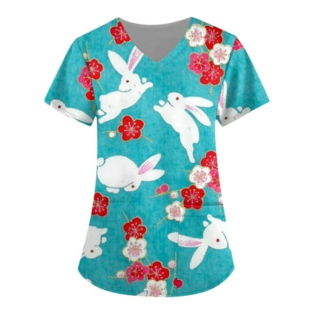 TQWQT Easter Printed Scrub Tops for Women Breathable Easter Eggs Bunny Pattern V-Neck T-Shirts Tee Scrubs Top with Pockets