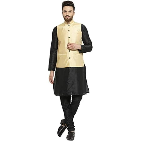Royal Kurta Men s Silk Blend Kurta Pyjama & Nehru Jacket Set (44 Black-Gold)