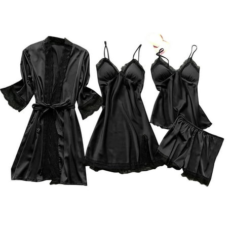 

Mitankcoo Women s 4pcs Sleepwear Satin Floral Lace Trim Cami Pajama Set Robes Underwear Sleepwear Sexy Full Slips Sleepwear Black XL