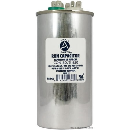 Appli Parts Dual Run Capacitor For Ac 60 5 Mfd Uf (Microfarads) 370VAC Or 450VAC CBB65 Round Universal Fit For Hvac And Other Applications 5-1/8 In High 2-1/4 In Wide CON-60/5-450
Appli Parts Dual Run Capacitor For Ac 60 5 Mfd Uf (Microfarads) 370VAC Or 450VAC CBB65 Round Universal Fit For Hvac And Other Applications 5-1/8 In High 2-1/4 In Wide CON-60/5-450