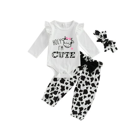 

Gureui 3Pcs Newborn Infant Toddler Baby Girls Fall Outfit Letter Print Long Sleeve Romper + Cow Print Pants + Headband Set 0-18 Months