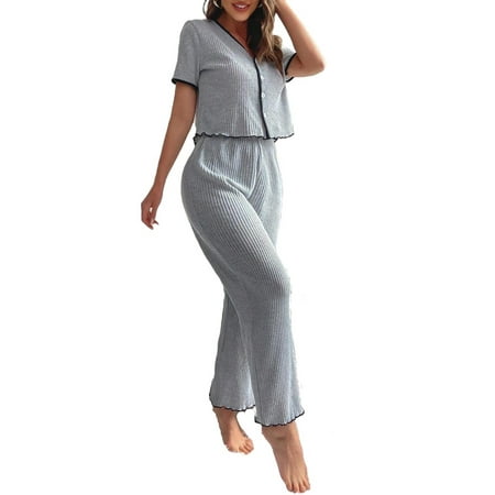 Casual Plain V neck Pants PJ Sets Short Sleeve Light Grey Women Lounge Sets (Women s)
Casual Plain V neck Pants PJ Sets Short Sleeve Light Grey Women Lounge Sets (Women s)
