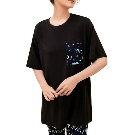 Cute Letter Round Neck Pant Sets Multicolor Elbow-Length Women Pajama Sets