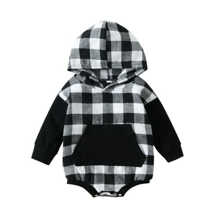 Gwiyeopda Infant Baby Girl Boy Hooded Romper Plaid Patchwork Long Sleeve Jumpsuit with Patch Pocket
Gwiyeopda Infant Baby Girl Boy Hooded Romper Plaid Patchwork Long Sleeve Jumpsuit with Patch Pocket