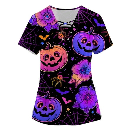 

DENGDENG Scrubs for Women Petite Halloween Pumpkin Printed Scrub Tops Fun Fall with Pockets Nursing Uniforms Maternity Patterned Short Sleeve Shirts Clearance Plus Size V Neck Clothes Purple 4XL