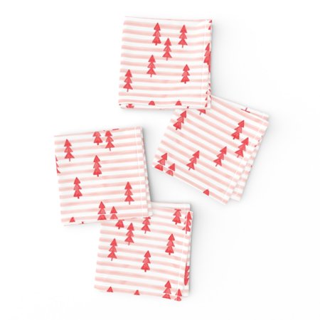 Cocktail Napkins Holiday Christmas Trees Red And Pink Baby Girl Stripes Set of 4