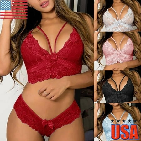 Womens Sexy Lace Bra Set Push Up G-String Thong Babydoll Underwear Nightwear US