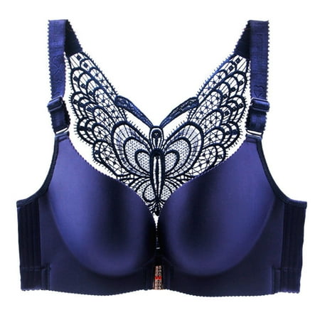 

Butterfly Embroidery Front Closure Wireless Bra Adjustable Push Up Bra Plus Size Everyday Wireless Women Bralettes Blue 36/80E