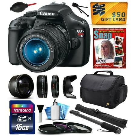 Canon EOS Rebel T3 (1100D) Digital SLR Camera with EF-S 18-55mm f\/3.5-5.6 IS Lens with 16GB Memory + 2.2x + 0.43x Lens + Hood + 3 PC Filters + 67\