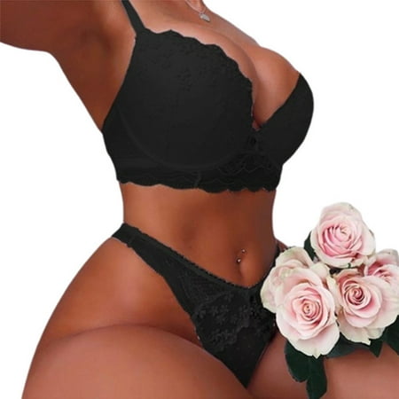 SHerrylily Women Push Up Floral Lace Bra Bow Panties Lingerie Sets