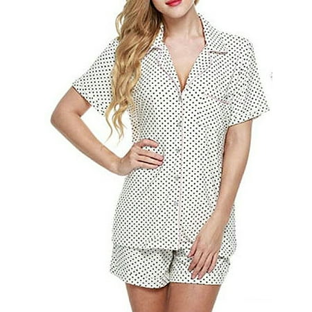 Women Pajamas Sets Summer Short Sleeve Turn down Collar Striped Dot Button Design Shirts+Shorts Pants Homewear Sleepwear
Women Pajamas Sets Summer Short Sleeve Turn down Collar Striped Dot Button Design Shirts+Shorts Pants Homewear Sleepwear