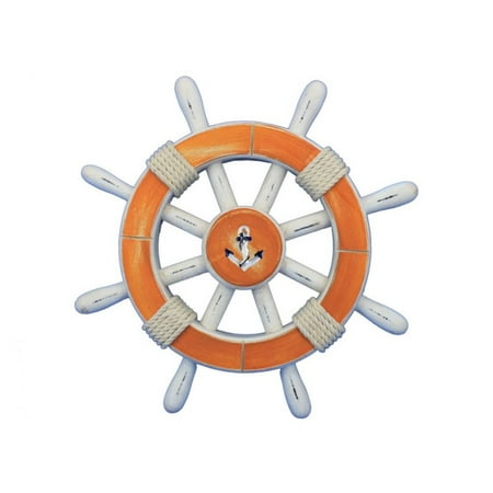 Rustic Orange And White Decorative Ship Wheel With Anchor 12" - Sailing Ship Wheel - Nautical Decor