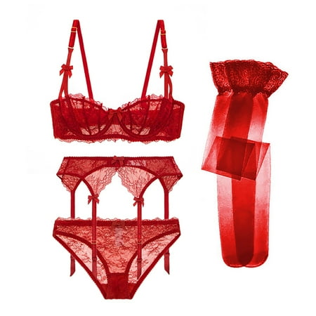 Women s Sexy Lace Embroidery Bra Underwire Balconette Bra Set 4 piece