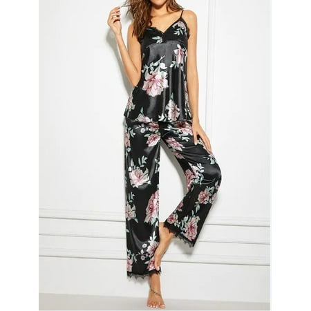 Women Summer Casual V-Neck Lounge Wear Silky 2Pcs Pajama Set Loose Fit Flower Print Sling Lace Top High Waist Pants 
Women Summer Casual V-Neck Lounge Wear Silky 2Pcs Pajama Set Loose Fit Flower Print Sling Lace Top High Waist Pants
