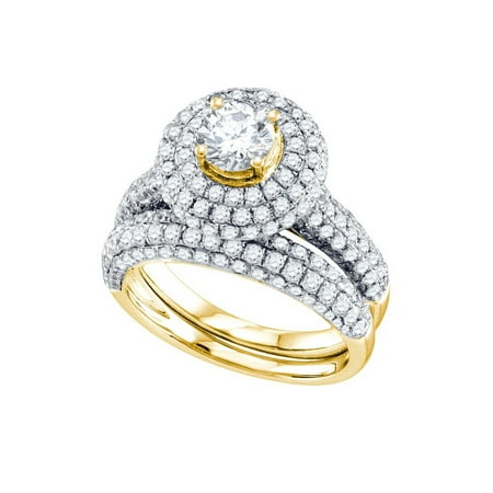 14kt Yellow Gold Womens Round Diamond Halo Bridal Wedding Engagement Ring Band Set 2-1/5 Cttw