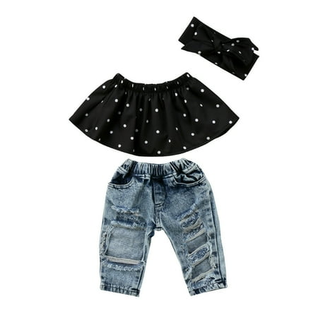Fashion Toddler Baby Girls Black Blouse Top Hole Casual Denim Pants Outfits Set