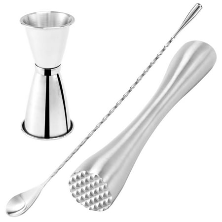 Cocktail Shaker Set Stainless Steel Cocktail Muddler Double Cocktail Jigger and Spiral Pattern Bar Cocktail 3 Pack