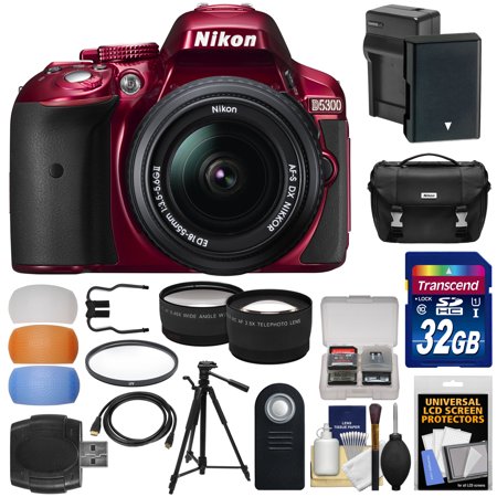 Nikon D5300 Digital SLR Camera & 18-55mm G DX II AF-S Zoom Lens (Red) with 32GB Card + Battery + Case + Tripod + Diffusers + Tele\/Wide Lens Kit