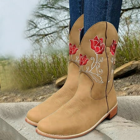 ZMHEGW Women Boots Embroidered Ethnic Heel Rose Style Boots Shoes