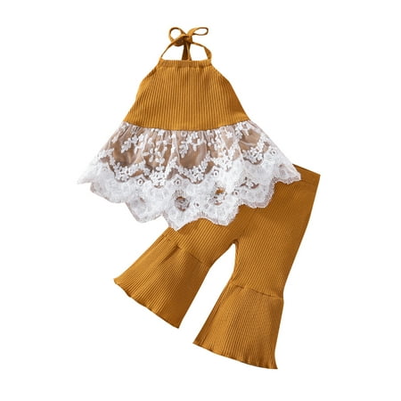 2Pcs Girls Summer Outfits Kids Lace Patchwork Halterneck Tank Tops Flared Pants Set Brown 18-24 Months
2Pcs Girls Summer Outfits Kids Lace Patchwork Halterneck Tank Tops Flared Pants Set Brown 18-24 Months