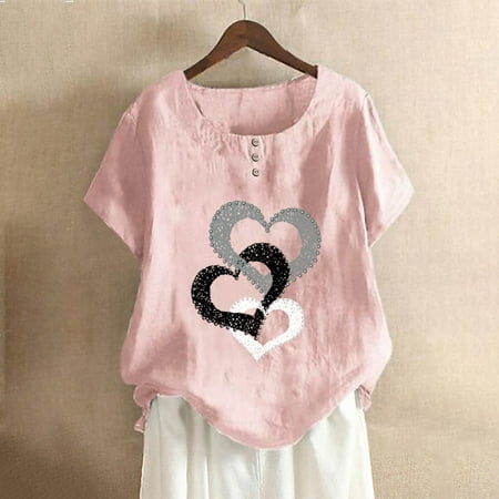 Women Summer Cotton Linen Casual Shirt Heart Print Button Loose Fit Comfy Tee Crew Neck Short Sleeve Cute Blouse