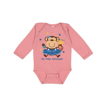 Inktastic Monkey Girl 1st Hanukkah Gift Baby Girl Long Sleeve Bodysuit