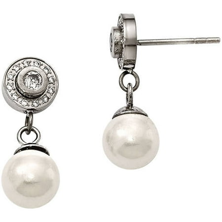 Primal Steel CZ and Freshwater Pearl Stainless Steel Polished Dangle Earrings