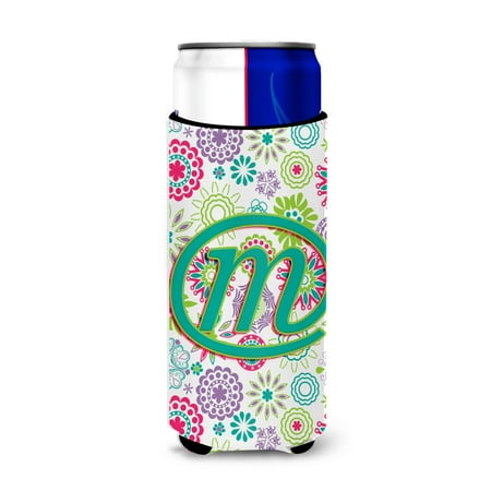 Carolines Treasures CJ2011-MMUK Letter M Flowers Pink Teal Green Initial Ultra Beverage Insulators for slim cans Slim