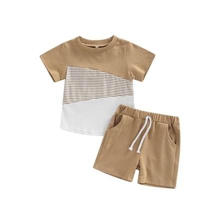 

Springcmy Toddler Kids Baby Boy Summer Outfts Short Sleeve Shirts Stripe T-Shirt + Shorts 2Pcs Casual Clothes Set Brown White 3-4 Years