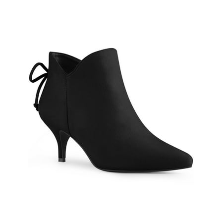 Unique Bargains Pointed Toe Bow Cutout Kitten Heel Ankle Booties for Women
