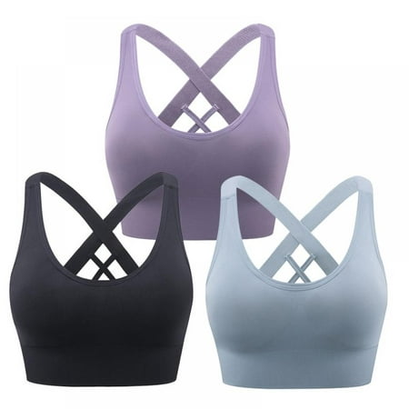 

KOERIM Women s Cross Back Sport Bras Padded Strappy Criss Cross Cropped Bras for Yoga Workout Fitness Low Impact 3PACK