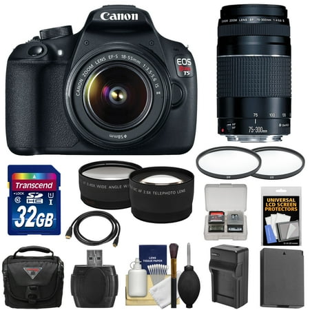 Canon EOS Rebel T5 Digital SLR Camera Body & EF-S 18-55mm IS II & 75-300mm III Lens with 32GB Card + Case + Battery & Charger + Tele\/Wide Lens Kit