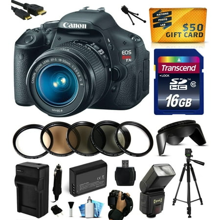 Canon EOS Rebel T3i Digital SLR Camera with EF-S 18-55mm f\/3.5-5.6 IS Lens with 16GB Memory, Flash, Battery, Charger, Lens Hood, 5 PC Filters, Grip Strap, Cleaning Kit, $50 Gift Card 5169B003 Canon EOS Rebel T3i Digital SLR Camera with EF-S 18-55mm f\/3.5-5.6 IS Lens with 16GB Memory, Flash, Battery, Charger, Lens Hood, 5 PC Filters, Grip Strap, Cleaning Kit, $50 Gift Card 5169B003