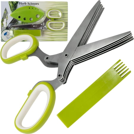 Herb Scissors Stripping Multipurpose Tool - Salad Cutter Herbs Stripper Shears Stainless Steel 5 Blade Gadget Fringe Chef Scissor Shear with Cleaning Brush Fun Kitchen Gadgets Tools Best Gift Idea