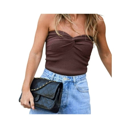 

Strapless Crop Top for Women Twist Front Hollow Knitted Tube Top Sleeveless Bandeau Bustier Tops Aesthetic Clothes(Cross Coffee S)
