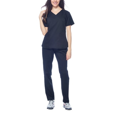 Dagacci Medical Uniform Women s Fitted Y Neck Natural Stretch Scrub Set (Black XXXL)