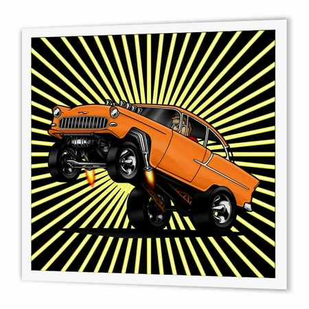 3dRose 55 chev image at the drags, off the line wheelie, star burst background, Iron On Heat Transfer, 6 by 6-inch, For White Material