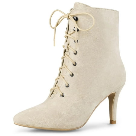 Unique Bargains Women s Pointy Toe Zip Lace Up Stiletto Heel Ankle Boots
