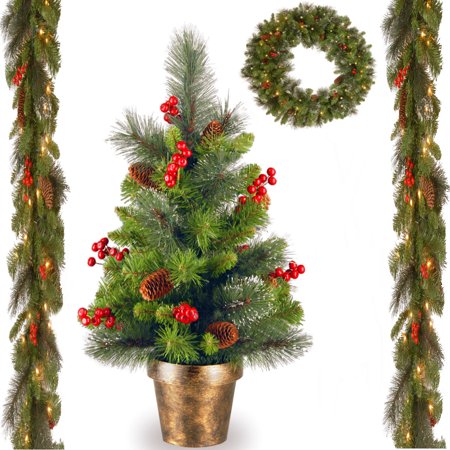 2' Crestwood Spruce Small Tree with Pack of 2, 9' x 10" Crestwood Spruce Garland and 30" Crestwood Spruce Wreath include Clear Lights