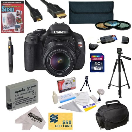 Canon EOS Rebel T3i 18.0 MP CMOS DSLR Camera with 18-135mm EF-S IS STM Lens with 16GB SDHC Card, Battery, Charger, 3 Piece Filter Kit, Gadget Bag, Tripod, Lens Pen, Cleaning Kit, DVD, $50 Gift Card Canon EOS Rebel T3i 18.0 MP CMOS DSLR Camera with 18-135mm EF-S IS STM Lens with 16GB SDHC Card, Battery, Charger, 3 Piece Filter Kit, Gadget Bag, Tripod, Lens Pen, Cleaning Kit, DVD, $50 Gift Card
