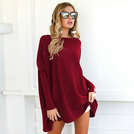 Women Loose T-shirt O Neck Batwing Long Sleeves Flared Hem Oversized Tunics Tees Shirts Long Casual Tops