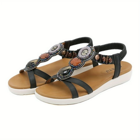 Women‘s Boho Style Beads Flat Sandals Open Toe T-strap Non Slip Elastic Strap Shoes Casual Soft Sole Sandals
Women‘s Boho Style Beads Flat Sandals Open Toe T-strap Non Slip Elastic Strap Shoes Casual Soft Sole Sandals