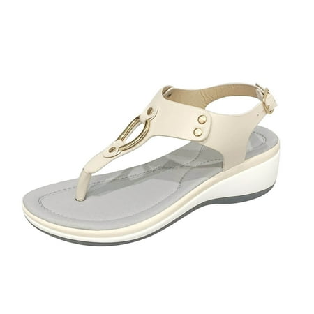Summer Sandals Ladies Summer Fashion Metal Buckle Wedge Heel Buckle Strap Beach Slippers for Women Beige Size 9