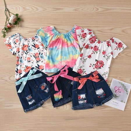 1-5T Baby Girls Short Sleeve Tops and Bowknot Denim Shorts 2PCS Summer Tie Dye Outfits
1-5T Baby Girls Short Sleeve Tops and Bowknot Denim Shorts 2PCS Summer Tie Dye Outfits