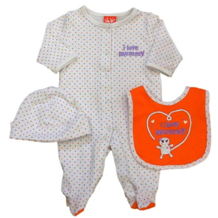 Infant Girls I Love Mummy Polka Dot Halloween Sleeper Coverall Bib & Hat Set NB