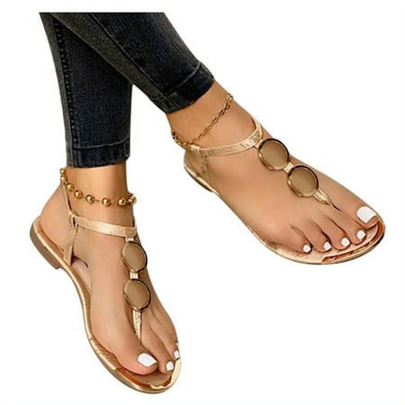 Flat Thong Sandals with T-Strap and Elastic Ankle Strap for Women
